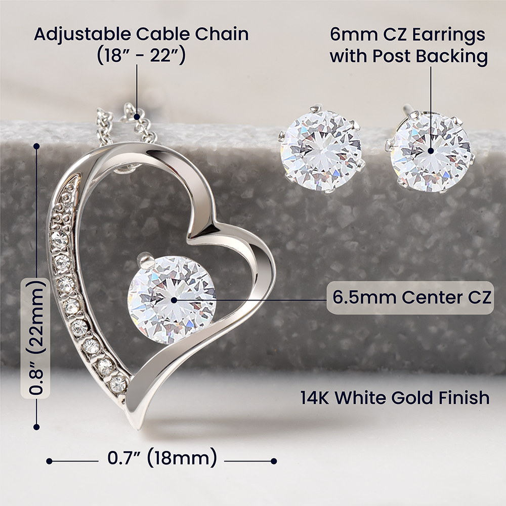 Size guide for the Forever Love pendant and earrings in white gold finish | Forever Love Necklace and Earring Set