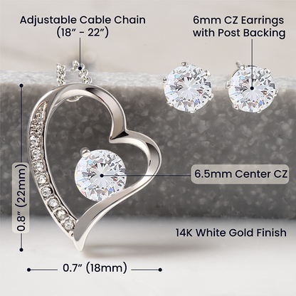 Size guide for the Forever Love pendant and earrings in white gold finish | Forever Love Necklace and Earring Set