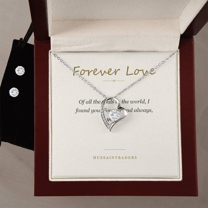 Forever Love set and card in the mahogany Luxury Box, angled view | Forever Love Necklace and Earring Set
