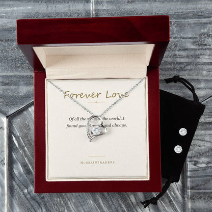 Forever Love set in the mahogany Luxury Box on a grey surface | Forever Love Necklace and Earring Set