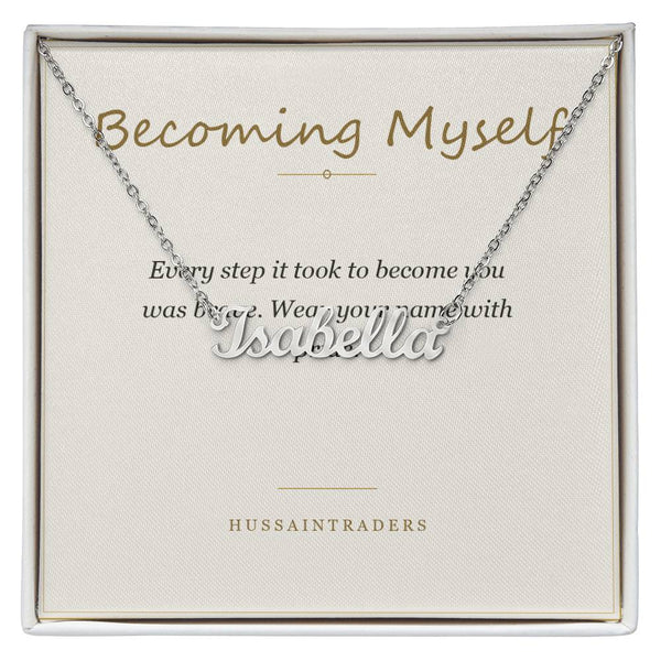 Chosen Name Necklace in polished silver and 18k gold finish on white background, personalized jewelry by HussainTraders