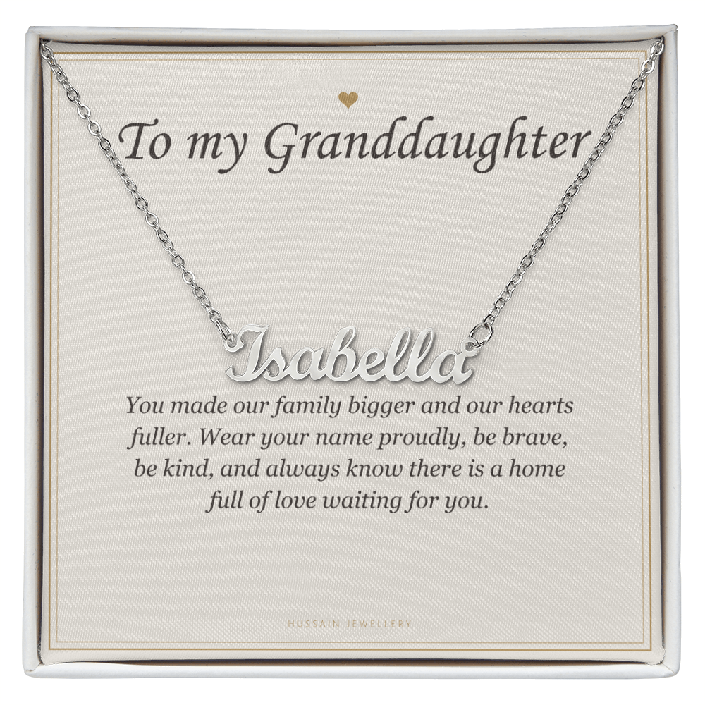 Polished steel script name pendant on the To My Granddaughter message card | Granddaughter Name Necklace with Message Card