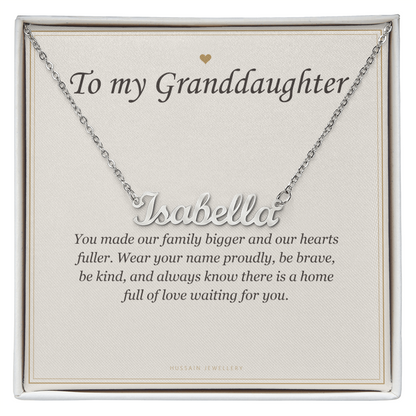 Polished steel script name pendant on the To My Granddaughter message card | Granddaughter Name Necklace with Message Card
