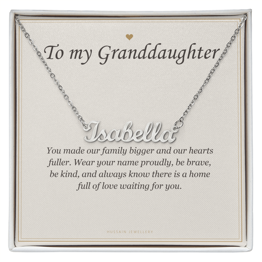 Polished steel script name pendant on the To My Granddaughter message card | Granddaughter Name Necklace with Message Card