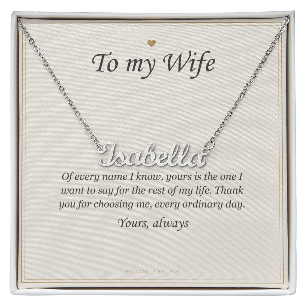 Polished steel script name pendant on the To My Wife message card | Wife Name Necklace with Message Card