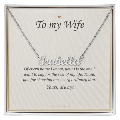 Polished steel script name pendant on the To My Wife message card | Wife Name Necklace with Message Card