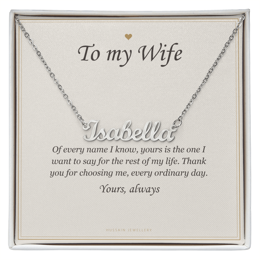 Polished steel script name pendant on the To My Wife message card | Wife Name Necklace with Message Card
