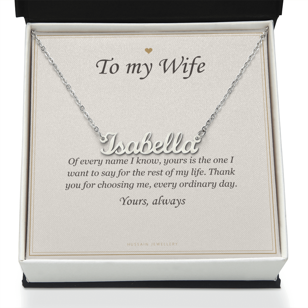 Steel name pendant and To My Wife card in an open white gift box | Wife Name Necklace with Message Card