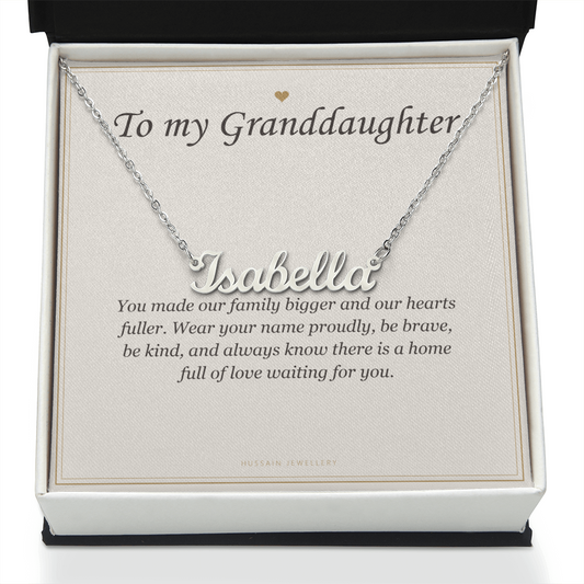 Steel name pendant and To My Granddaughter card in an open white gift box | Granddaughter Name Necklace with Message Card