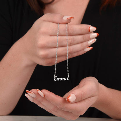 Silver name necklace held in both hands | Chosen Name Necklace