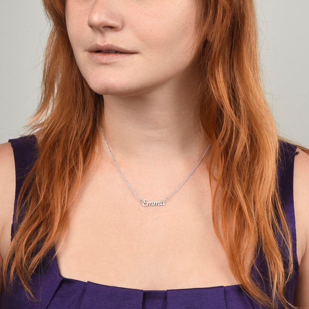 Silver name necklace worn, close-up | Chosen Name Necklace