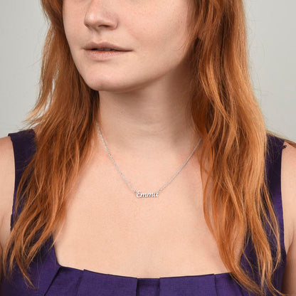 Silver name necklace worn, close-up | Chosen Name Necklace