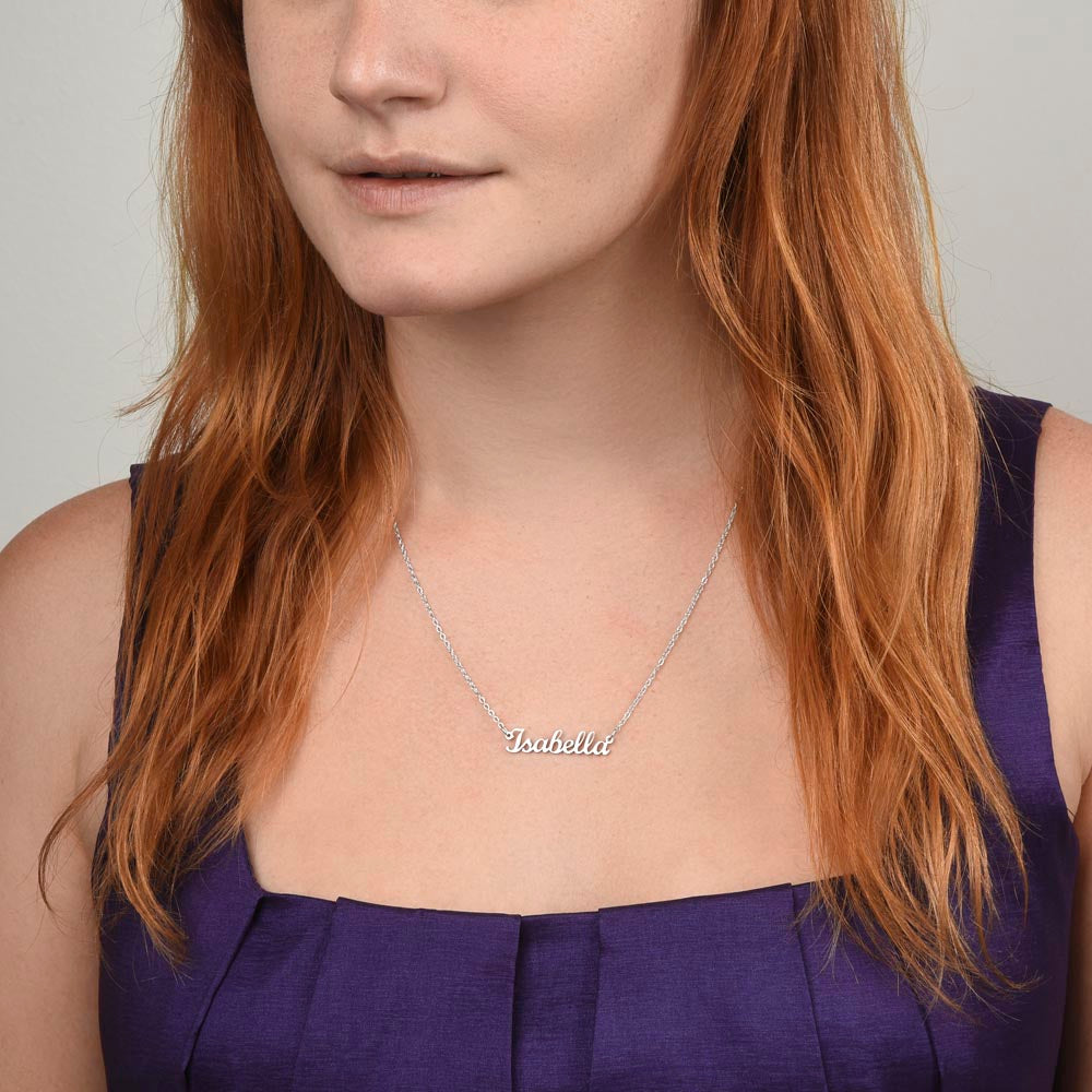 Silver name necklace worn, smiling | Chosen Name Necklace