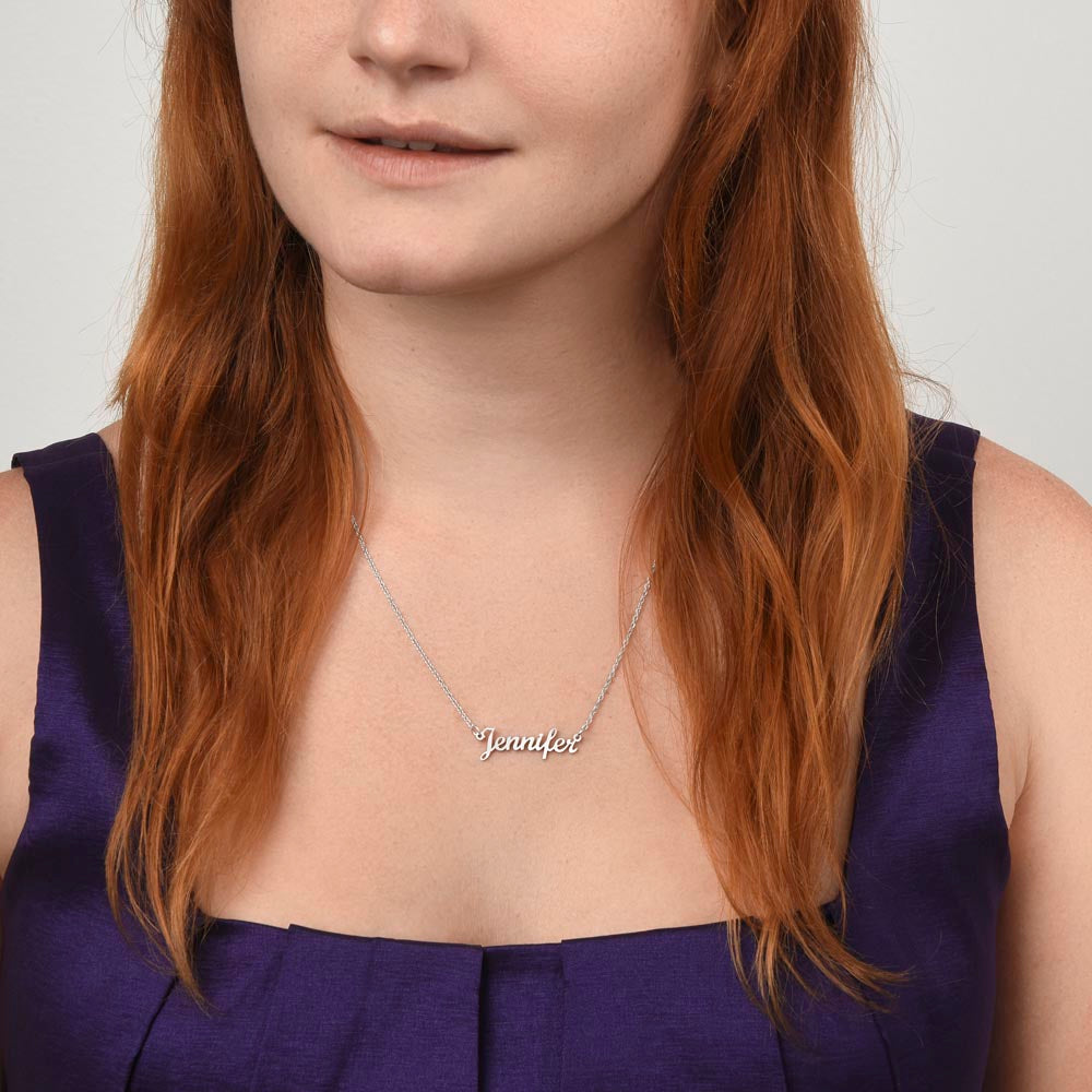 Silver name necklace worn, looking down | Chosen Name Necklace