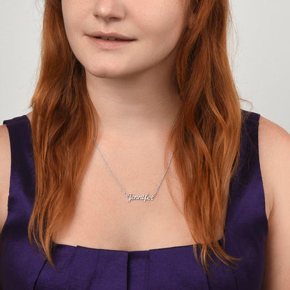 Silver name necklace worn, looking down | Chosen Name Necklace
