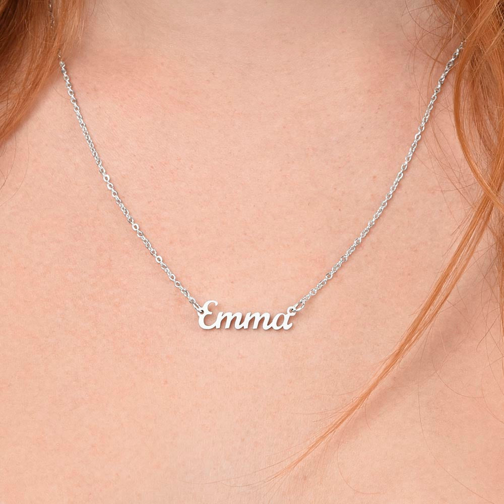 Silver name necklace worn, close-up of the script | Chosen Name Necklace