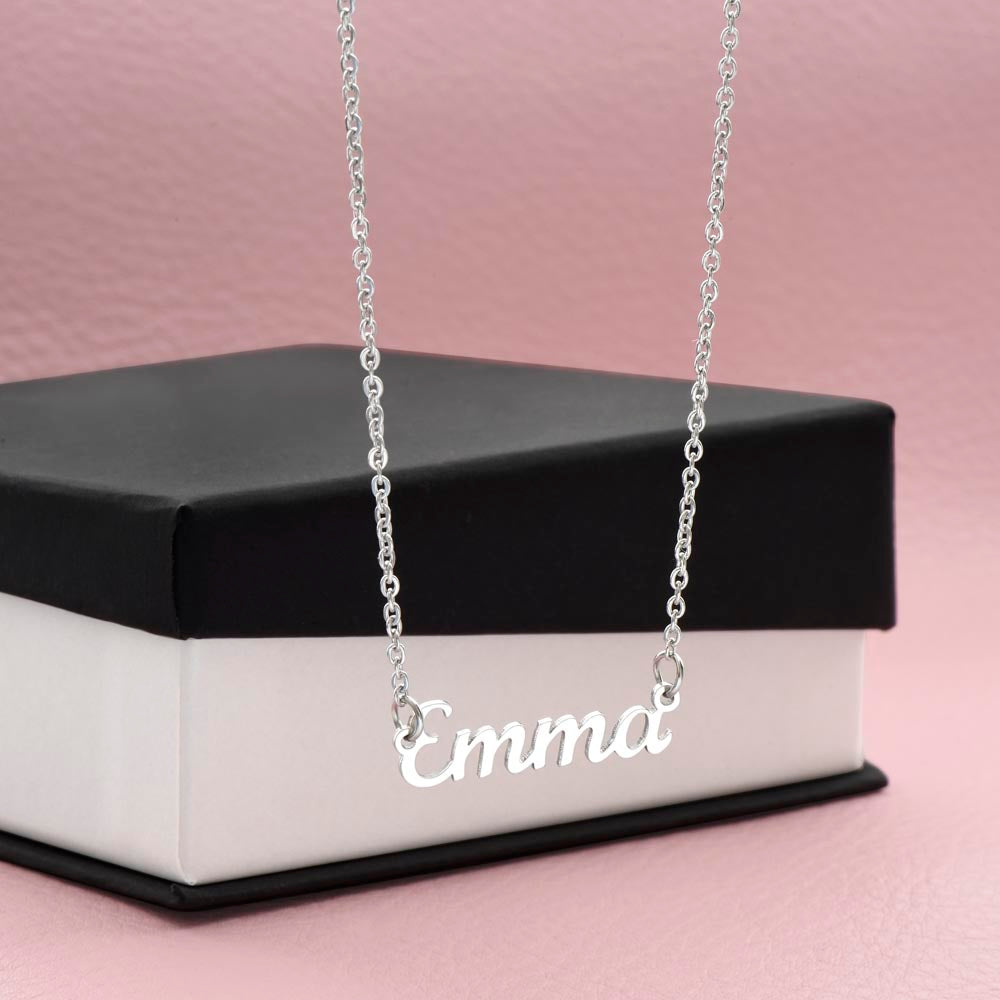 Silver name necklace on a black gift box | Chosen Name Necklace