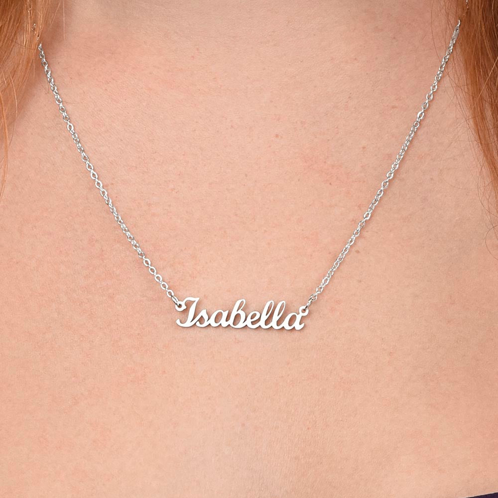 Silver name necklace worn, close-up | Chosen Name Necklace