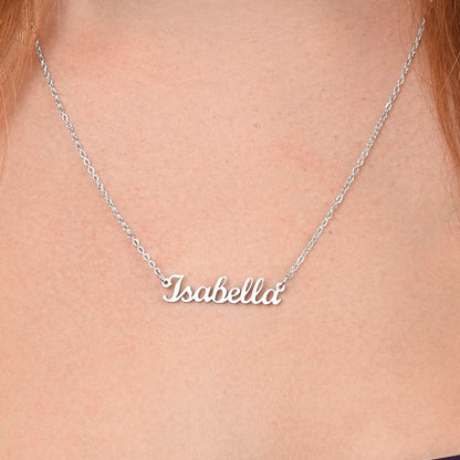 Silver name necklace worn, close-up | Chosen Name Necklace