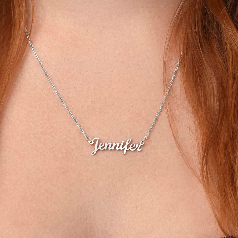 Silver name necklace worn, close-up | Chosen Name Necklace