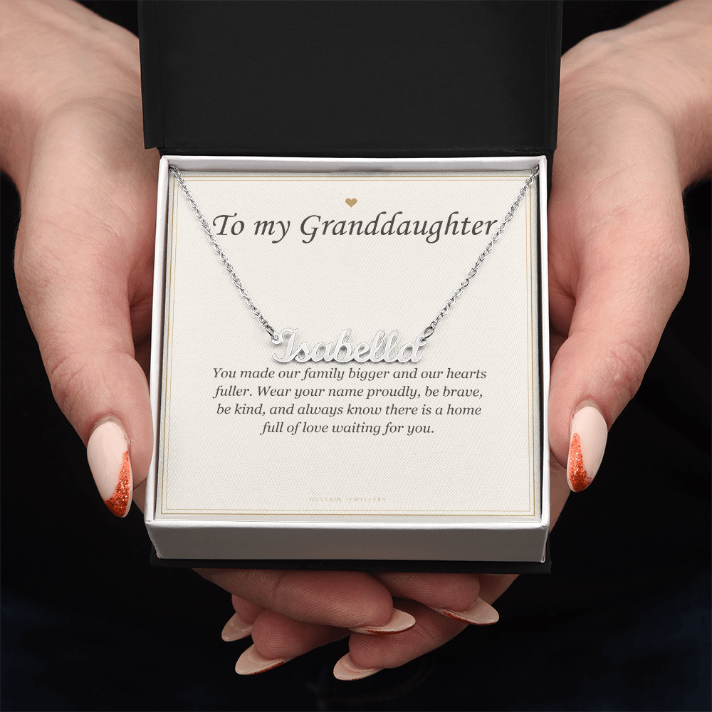 Hands holding the gift box with the steel name pendant and granddaughter card | Granddaughter Name Necklace with Message Card