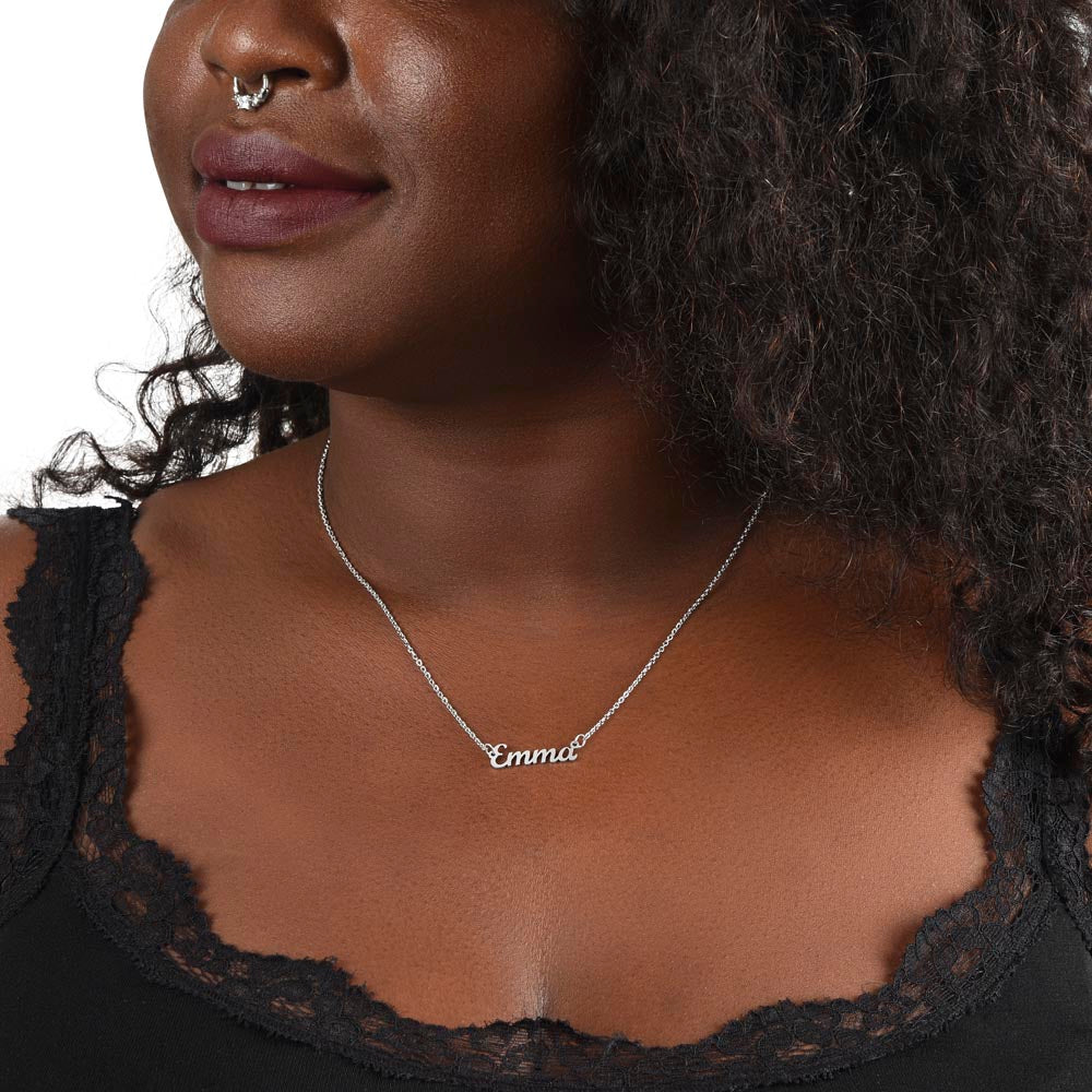 Silver name necklace worn, smiling | Chosen Name Necklace