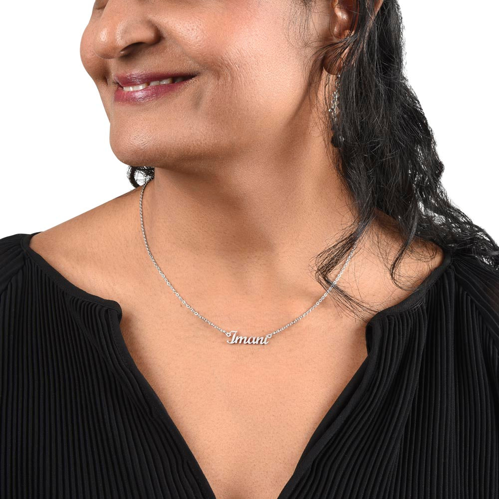 Silver name necklace worn, side view | Chosen Name Necklace