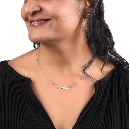 Silver name necklace worn, side view | Chosen Name Necklace