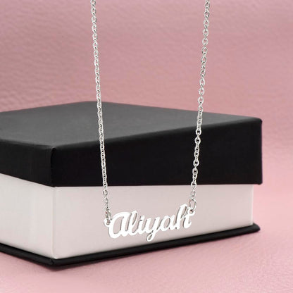 Silver name necklace on a gift box | Chosen Name Necklace