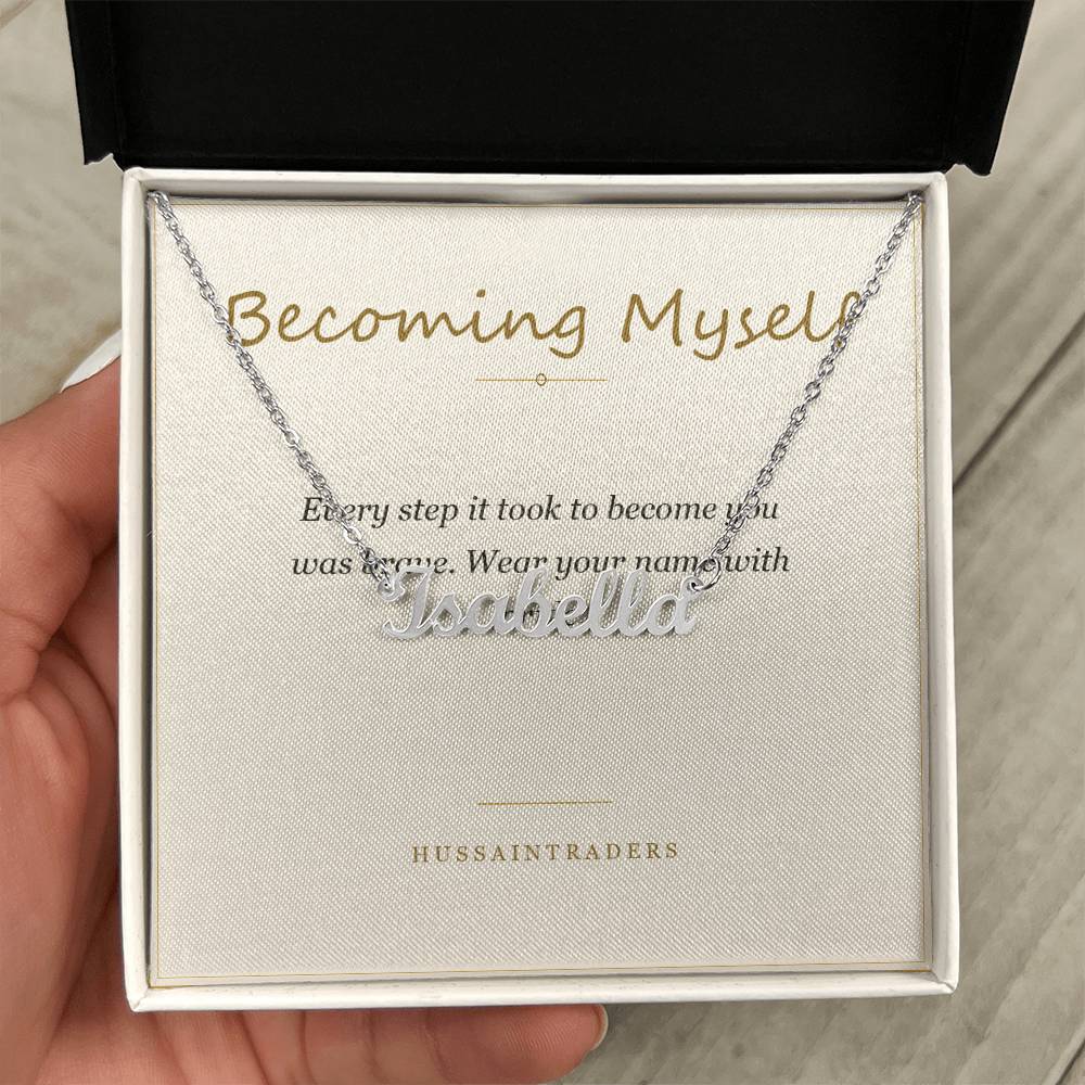 Becoming Myself card and necklace in a gift box | Chosen Name Necklace