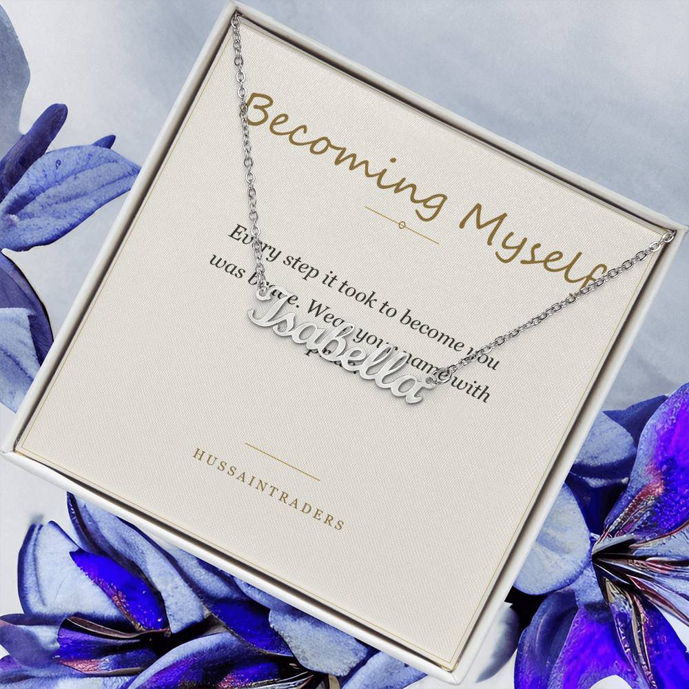 Card and name necklace in a gift box with purple flowers | Chosen Name Necklace