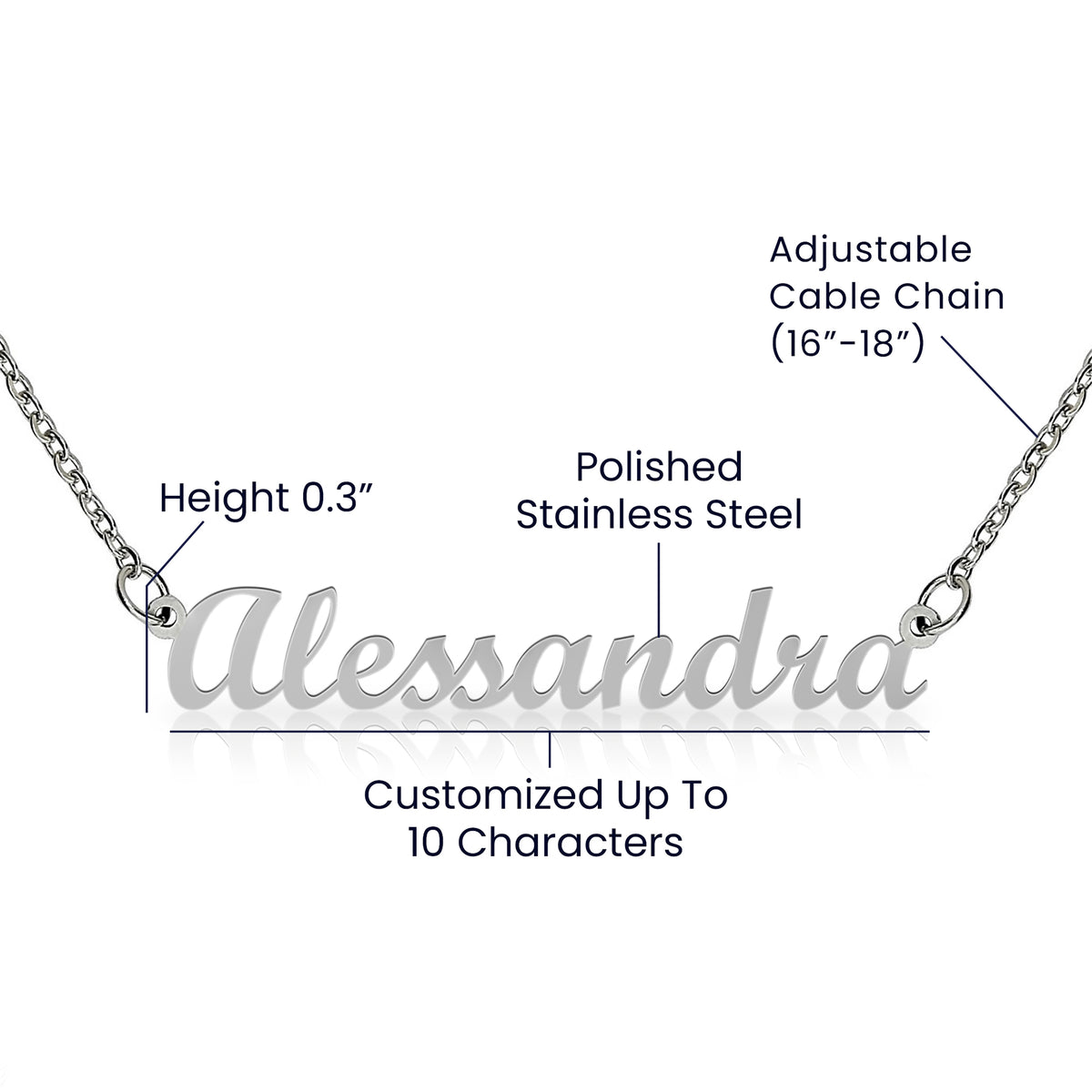 Size guide: polished stainless steel, adjustable 16 to 18 in. cable chain, up to 10 characters | Chosen Name Necklace