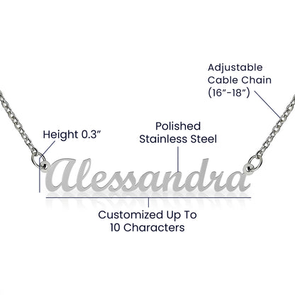 Size guide: polished stainless steel, adjustable 16 to 18 in. cable chain, up to 10 characters | Chosen Name Necklace