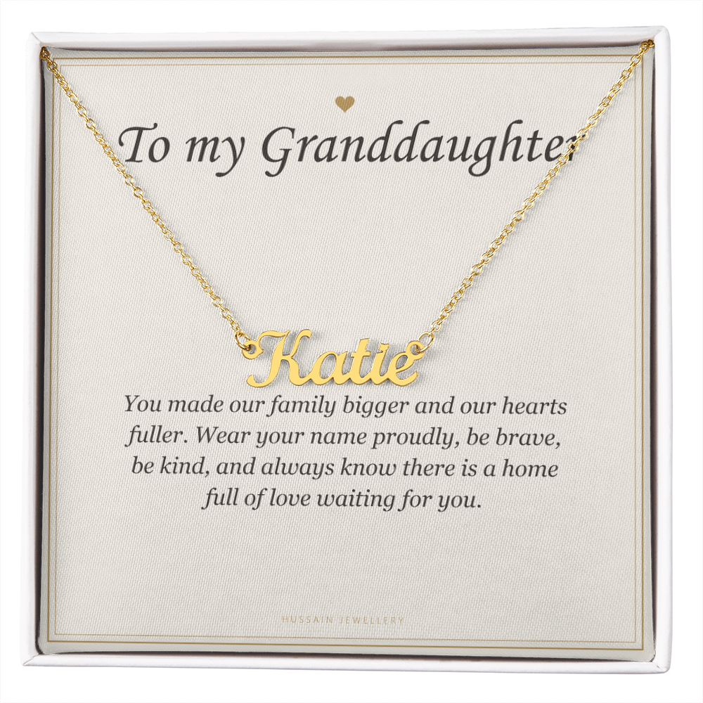 18k yellow gold finish name pendant on the To My Granddaughter card | Granddaughter Name Necklace with Message Card