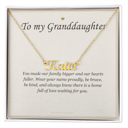 18k yellow gold finish name pendant on the To My Granddaughter card | Granddaughter Name Necklace with Message Card