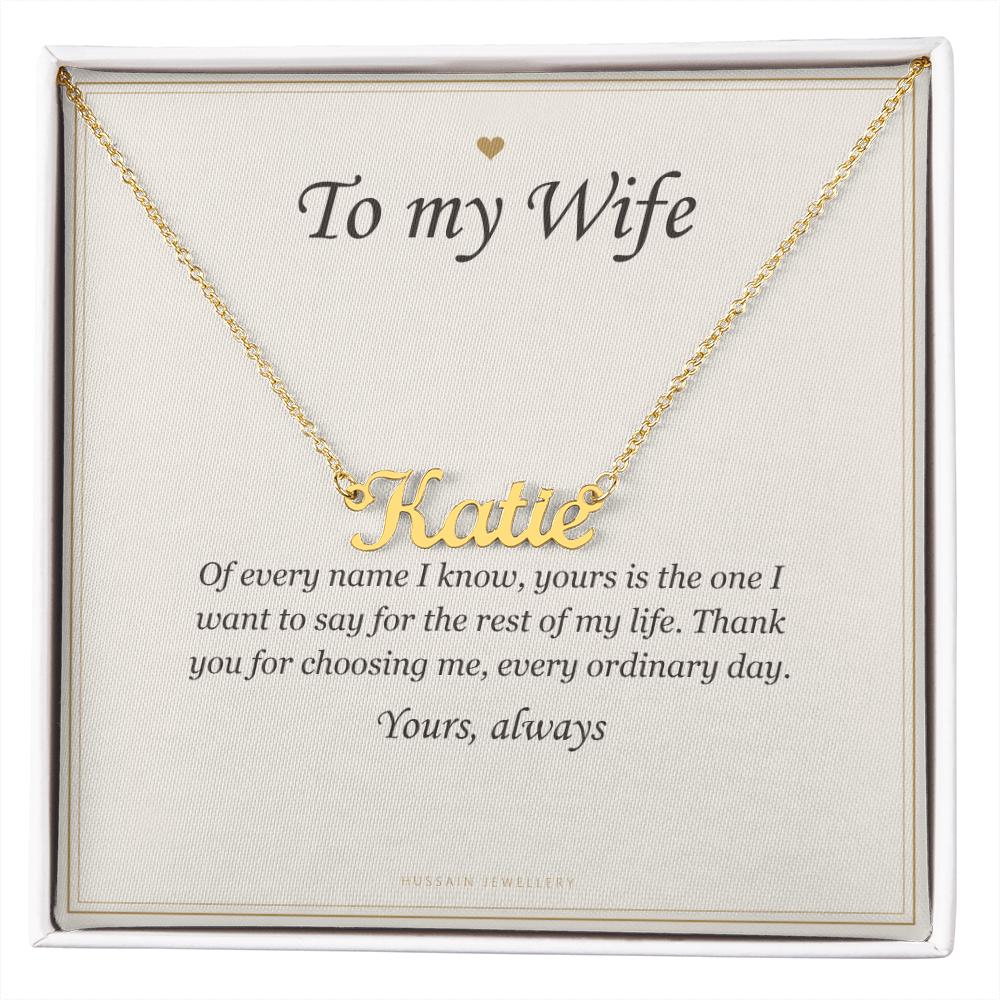 18k yellow gold finish name pendant on the To My Wife card | Wife Name Necklace with Message Card