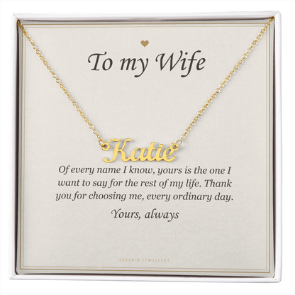 18k yellow gold finish name pendant on the To My Wife card | Wife Name Necklace with Message Card