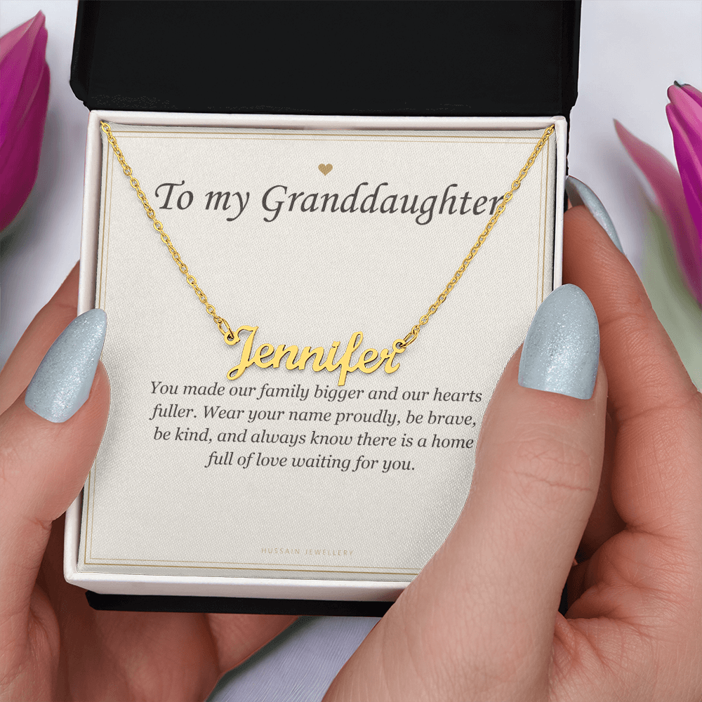 Hands holding the gold finish name pendant and granddaughter card | Granddaughter Name Necklace with Message Card