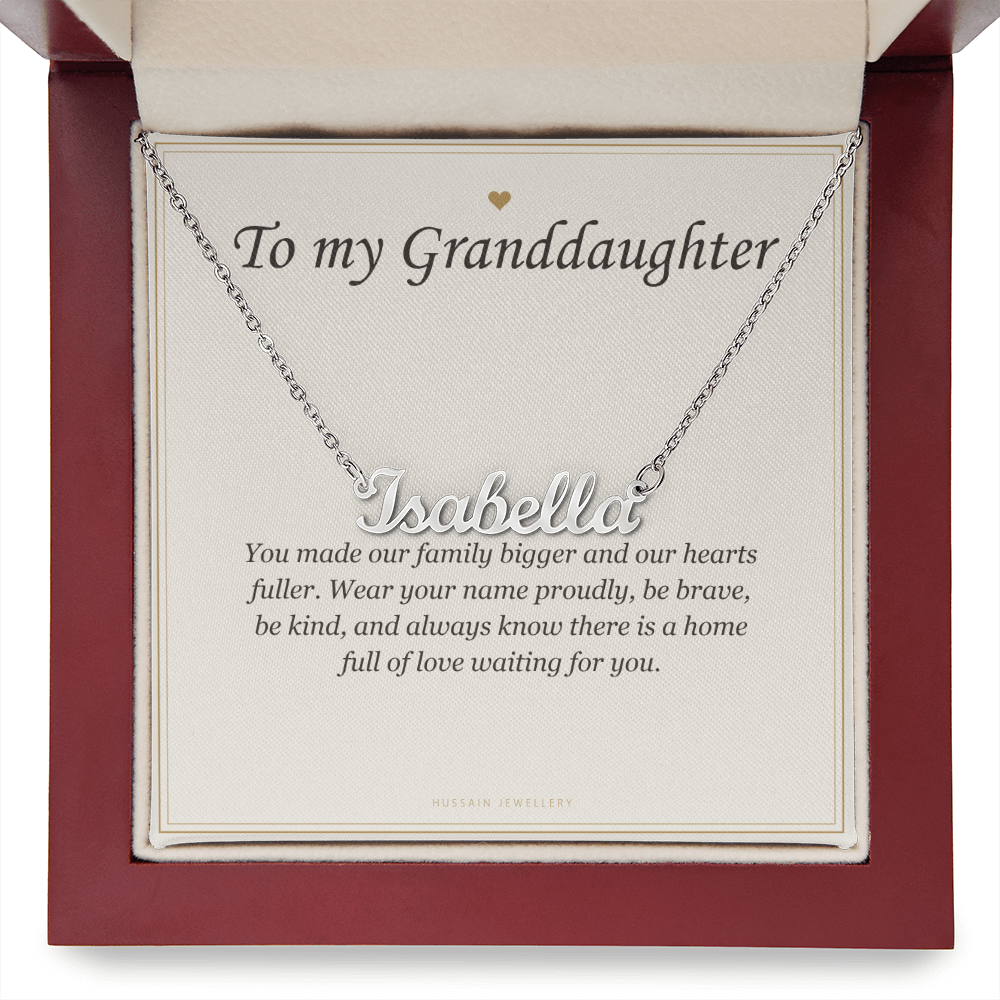 Steel name pendant in the mahogany Luxury Box, close view | Granddaughter Name Necklace with Message Card