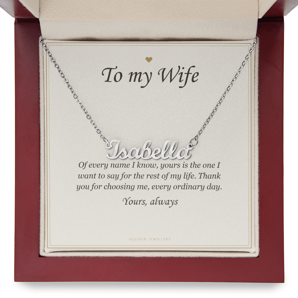 Steel name pendant in the mahogany Luxury Box, close view | Wife Name Necklace with Message Card