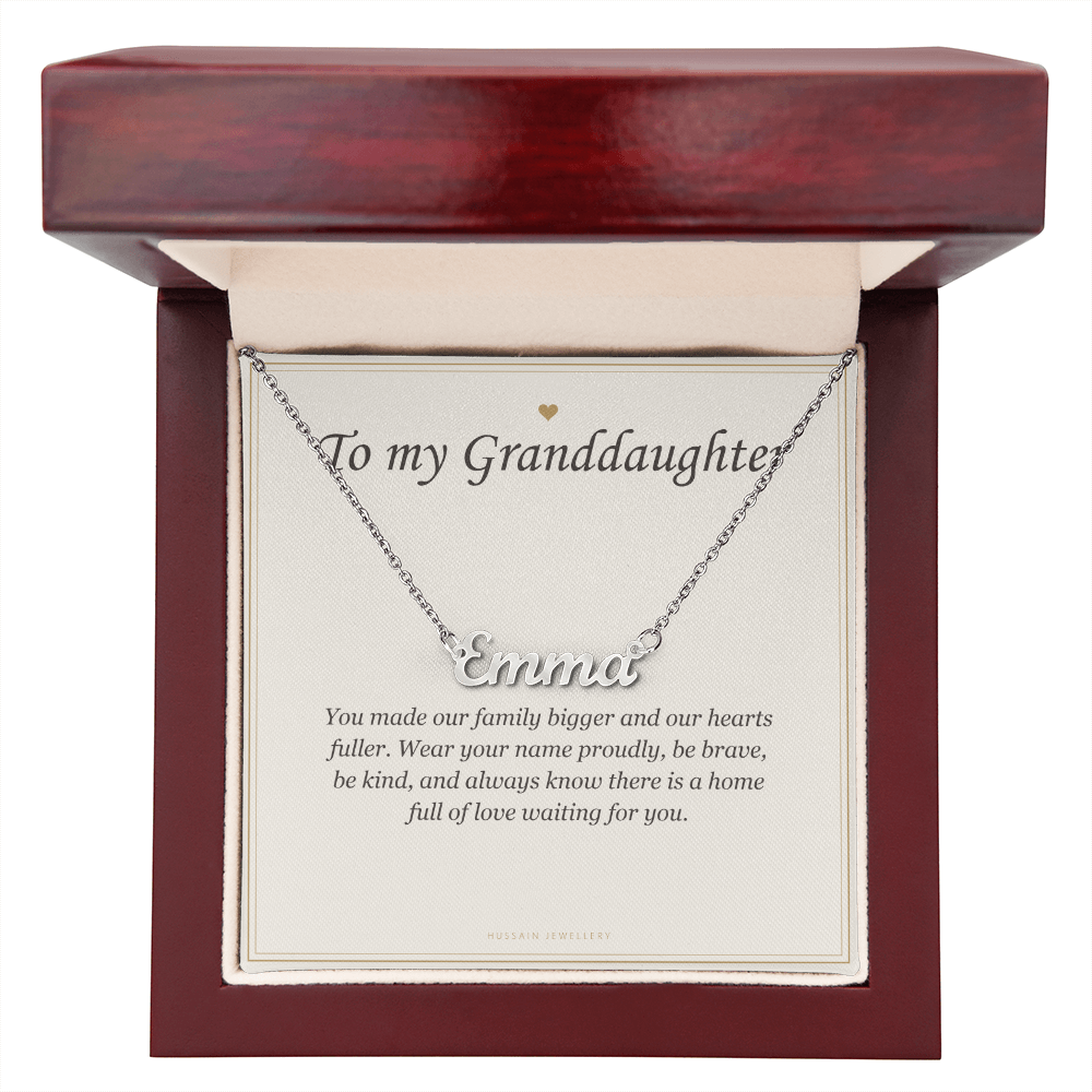 Steel name pendant and card in the mahogany Luxury Box | Granddaughter Name Necklace with Message Card