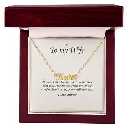Gold finish name pendant and card in the mahogany Luxury Box | Wife Name Necklace with Message Card