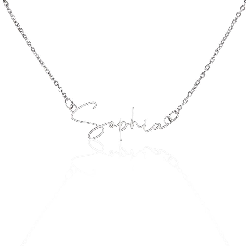 Signature Name Necklace in polished silver and 18k gold finish on white background, personalized jewelry by HussainTraders