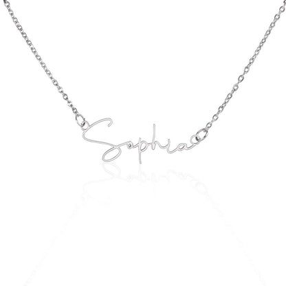 Signature Name Necklace in polished silver and 18k gold finish on white background, personalized jewelry by HussainTraders