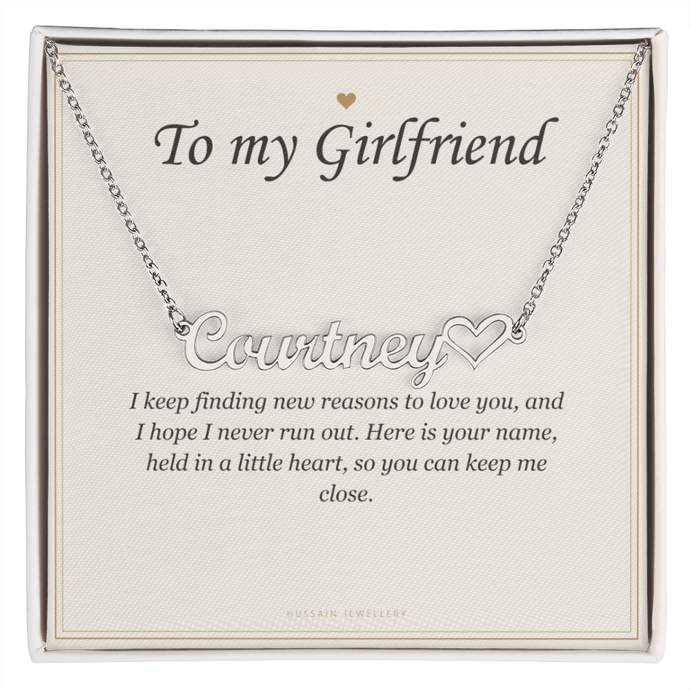 Polished steel heart name pendant on the To My Girlfriend message card | Girlfriend Heart Name Necklace with Message Card