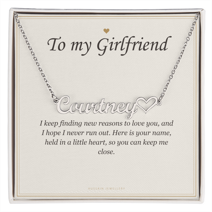 Polished steel heart name pendant on the To My Girlfriend message card | Girlfriend Heart Name Necklace with Message Card