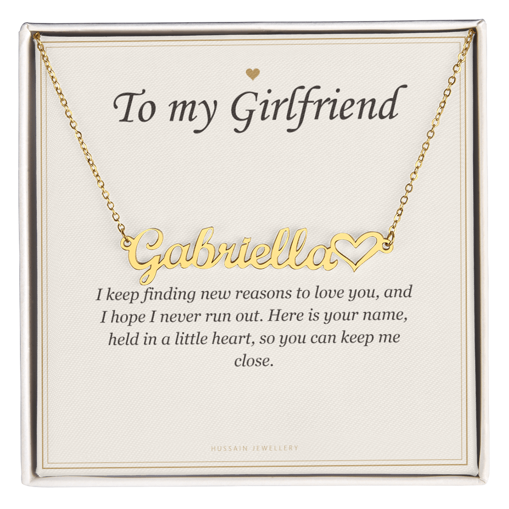 18k yellow gold finish heart name pendant on the To My Girlfriend card | Girlfriend Heart Name Necklace with Message Card
