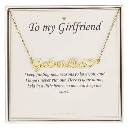 18k yellow gold finish heart name pendant on the To My Girlfriend card | Girlfriend Heart Name Necklace with Message Card