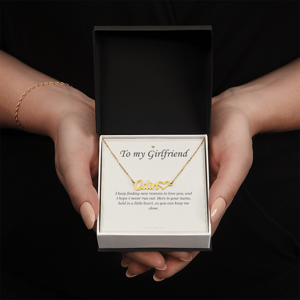 Hands holding the black gift box with the gold finish pendant and card | Girlfriend Heart Name Necklace with Message Card