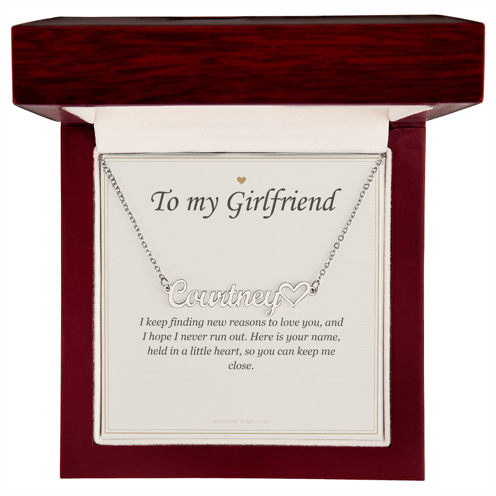 Steel heart name pendant and card in the mahogany Luxury Box | Girlfriend Heart Name Necklace with Message Card